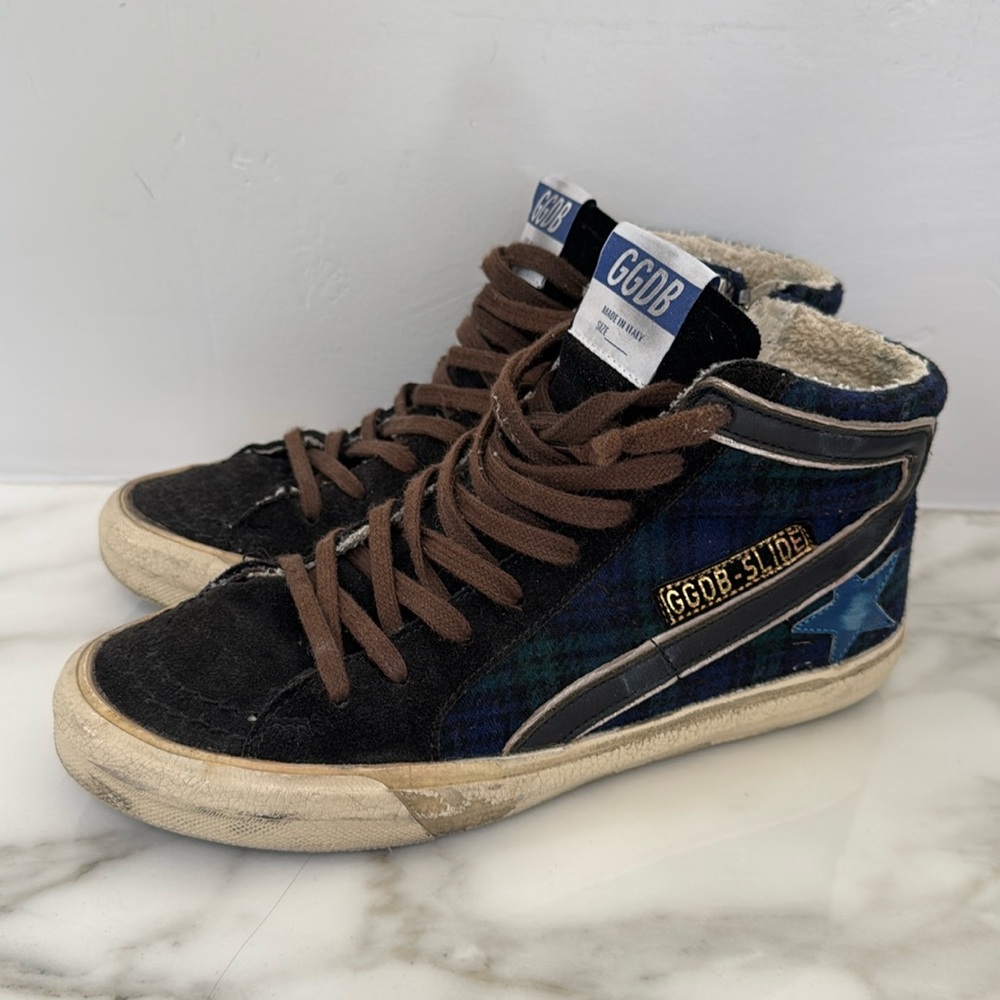 Golden Goose Slide Navy Plaid Sneakers Size 38